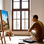 **A painter in a sunny Warsaw studio, surrounded by canvases, thoughtfully observing their artwork. Emphasis on the creative process and Polish artistic atmosphere.**