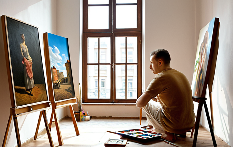 **A painter in a sunny Warsaw studio, surrounded by canvases, thoughtfully observing their artwork. Emphasis on the creative process and Polish artistic atmosphere.**