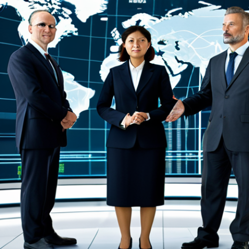 A diverse group of professional adults, fully clothed in appropriate business attire, standing in a clean, futuristic global financial hub. Transparent digital screens in the background display abstract data flows and subtle representations of economic indicators, symbolizing the unseen influence of intellectual property disputes on global markets and consumer prices. The composition emphasizes global connection and technological complexity. safe for work, appropriate content, fully clothed, professional dress, perfect anatomy, correct proportions, natural pose, well-formed hands, proper finger count, natural body proportions, high-quality, professional photography, cinematic lighting.