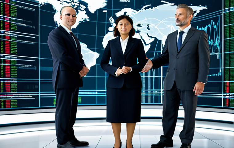 A diverse group of professional adults, fully clothed in appropriate business attire, standing in a clean, futuristic global financial hub. Transparent digital screens in the background display abstract data flows and subtle representations of economic indicators, symbolizing the unseen influence of intellectual property disputes on global markets and consumer prices. The composition emphasizes global connection and technological complexity. safe for work, appropriate content, fully clothed, professional dress, perfect anatomy, correct proportions, natural pose, well-formed hands, proper finger count, natural body proportions, high-quality, professional photography, cinematic lighting.