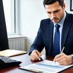 **

A professional lawyer in a modern office, fully clothed in appropriate business attire, analyzing a risk assessment report for IP infringement. The lawyer is focused and analytical, surrounded by documents and technology. Safe for work, professional, perfect anatomy, natural proportions, well-formed hands.

**